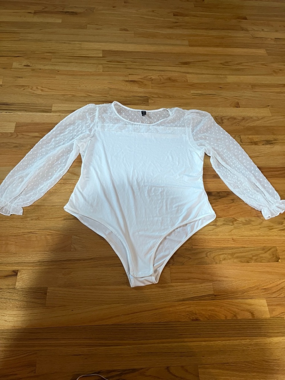 White Sheer Mesh Puff Sleeve Bodysuit | Dot Mesh Detail & Ruffle Cuff